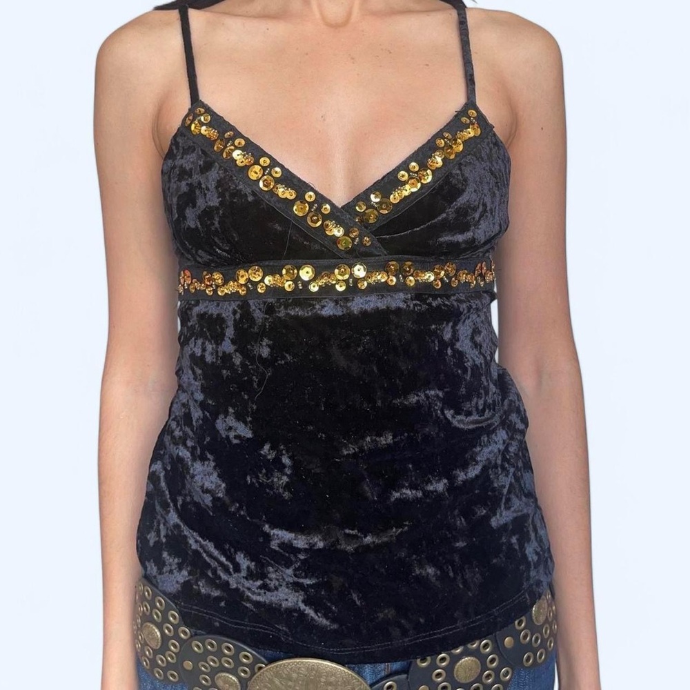 ✨ Touch9 Black Velvet Gold Sequin Cami Top ✨🖤
